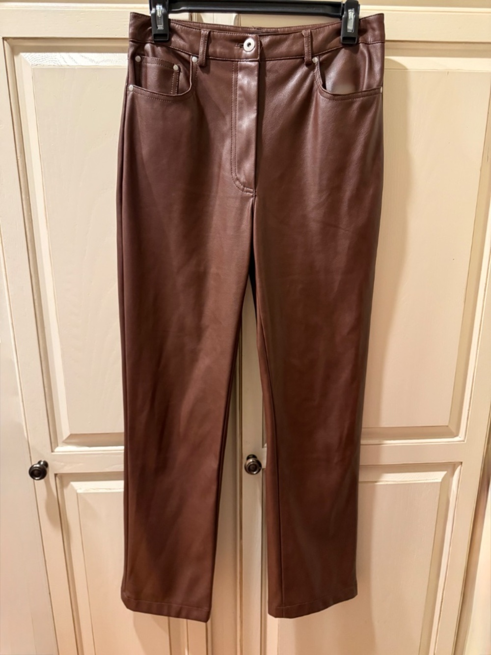 7 For All Mankind Chocolate Brown Faux Leather Straight Leg Pants Size S